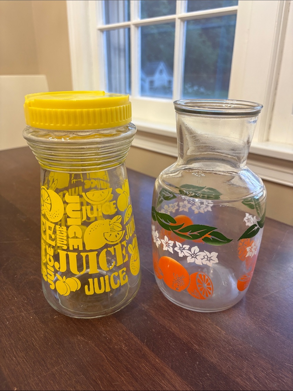 Anchor Hocking lemon and Orange Printed Glass Juice Bottles
